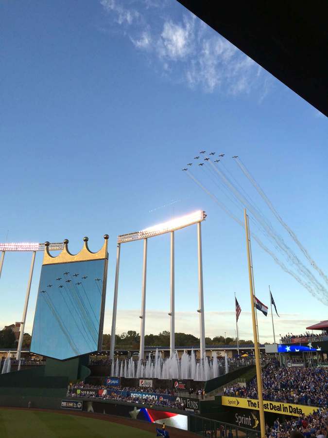 - Before the royals game on October 5 in the ALDS, the national anthem plays as a set of 10 planes flew over Kauffman stadium. “It was unexpected and very cool,” said junior Stefani Conway.