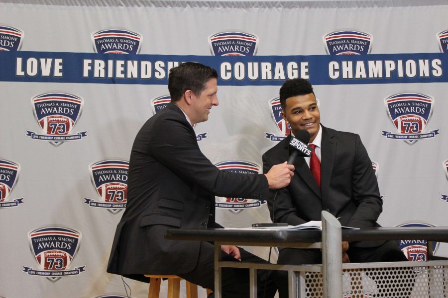 Senior Julian Ross was interviewed after being awarded the Thomas A. Simone award in the falcon fieldhouse on Dec. 6 2016.  This is considered the Heisman Award of high school football and Ross was the first football player from Staley to win this award. 
