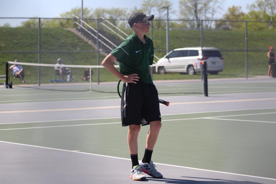 In his singles match freshman Mason Gates plays against the Winnetonka High School Griffins on May 7 during districts. Mason is the No. 2 on varsity, and the team won the match 5-0, however Mason’s match was unfinished due to the team winning. “The only reason we won is because at the end of the day, we had more grit,” said Mason Gates.