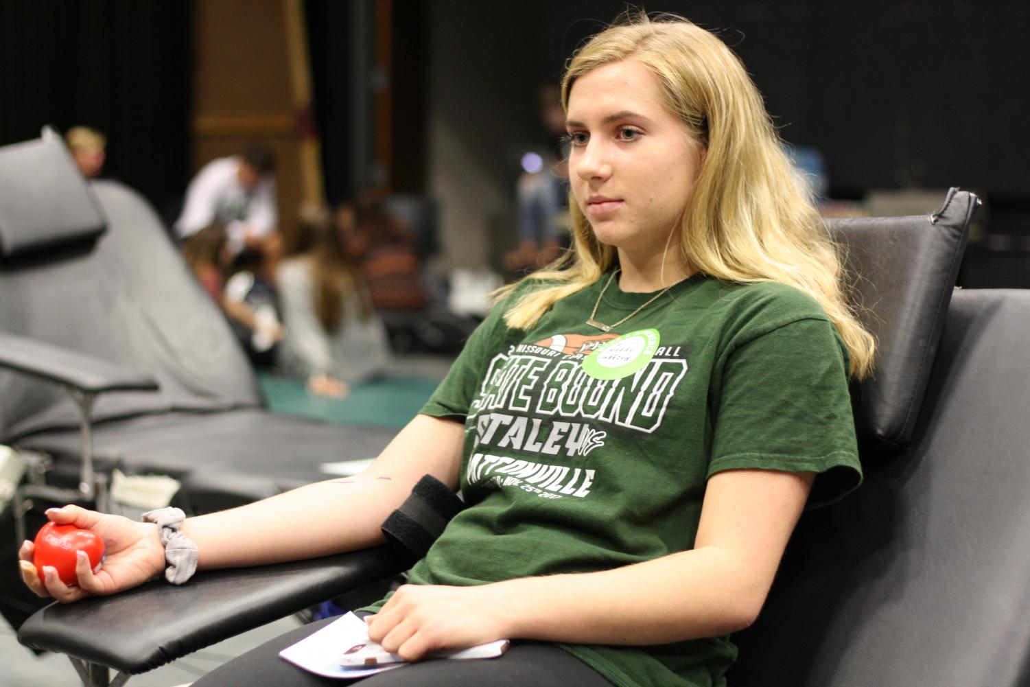 At the blood drive Oct.3, students and staff donated blood to help save lives. Three donors, sophomores Madison Swafford and Grace Spitzmiller, and junior Alyssa Malena participated in the first drive of the school year held by Student Council. There were 35 pints of blood donated with the help Red Cross staff.