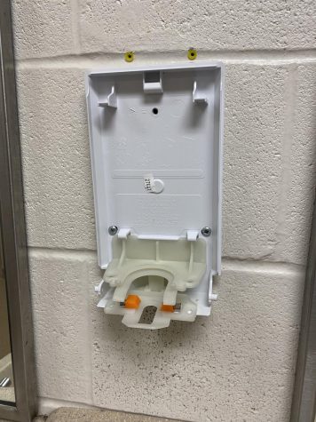 A missing soap dispenser in one of the Staley bathrooms. Photo by Landyn Goldberg
