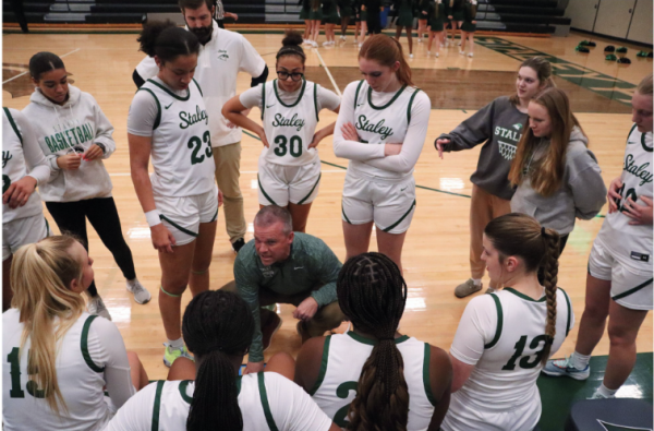 In the huddle, the team gathers around Head Coach Micheal Bennett as he talks to the girls Jan. 25. The team played against Park Hill High School with a score of 33-28. 
