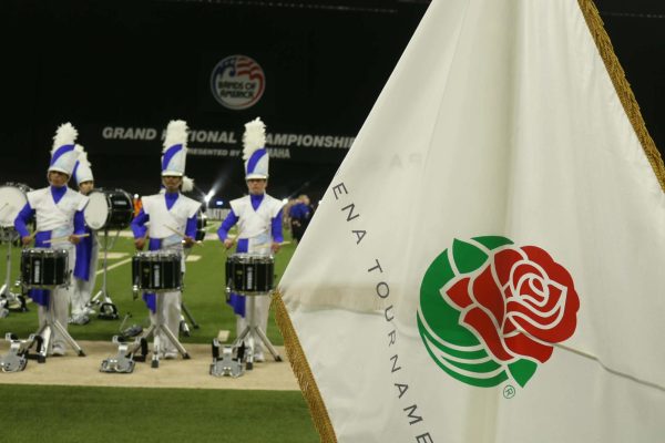 Isaac Boyce, far right next to flag  -- At the High School Grand Nationals competition Nov. 15, the percussion group performed after their rehearsals for the Tournament of Roses parade.