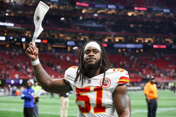 Sep 22, 2024; Atlanta, Georgia, USA; Kansas City Chiefs defensive end Mike Danna (51) celebrates after a victory over the Atlanta Falcons at Mercedes-Benz Stadium. Brett Davis-Imagn Images